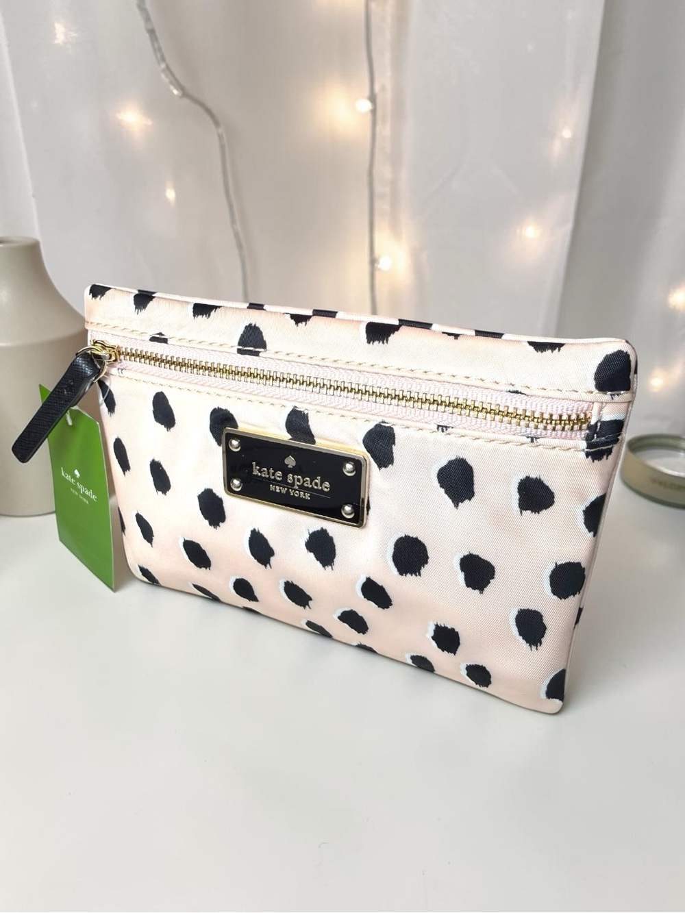 Kate Spade ♠️ Polka Dot Nylon Cosmetic Pouch Wristlet Pink Black Zip Clutch ✨NWT - Picture 4 of 10
